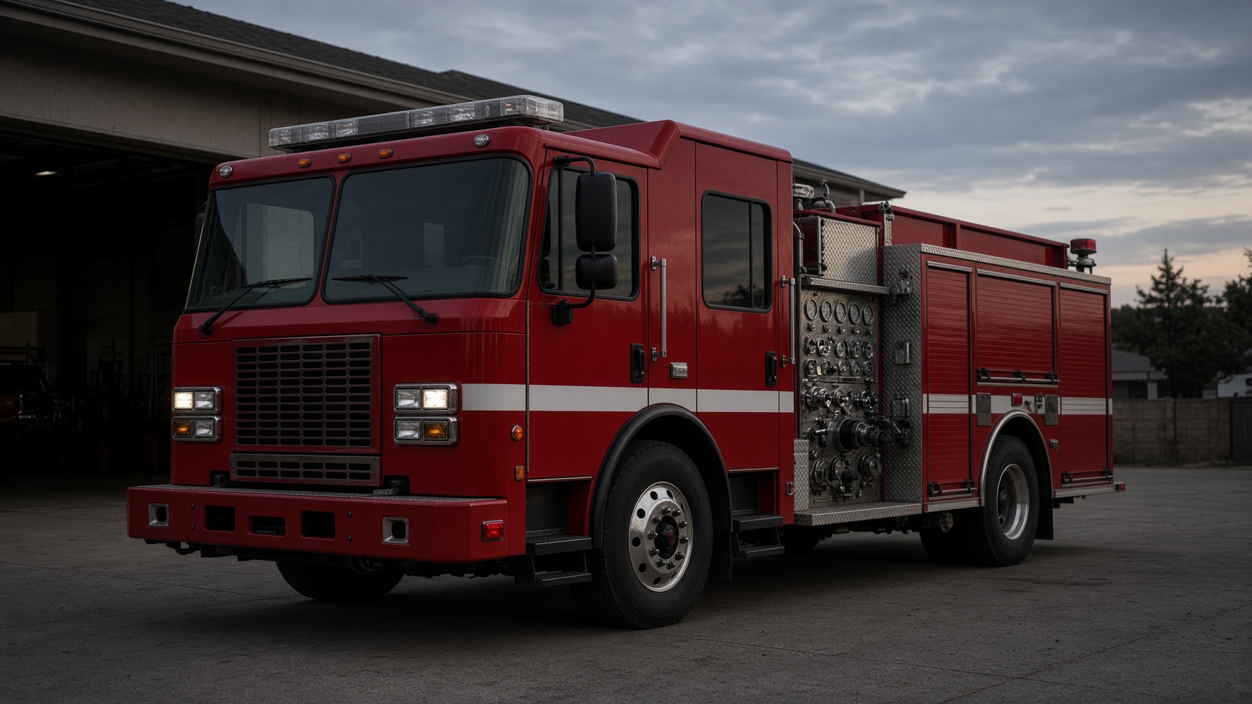 Current red fire engine with a white stripe at a station